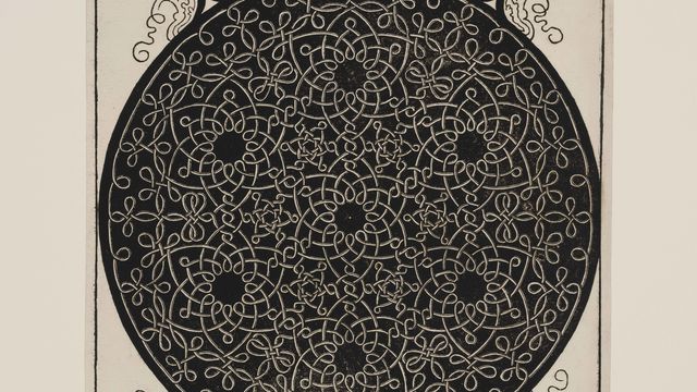 Woodcut with intricate floral and geometric engravings