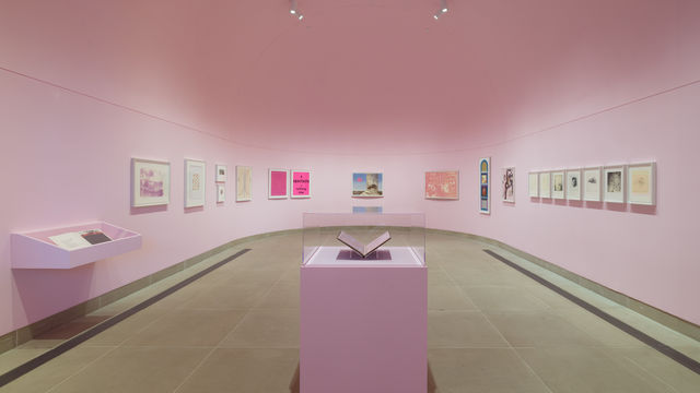 Installation view of framed works on paper installed on wall and in vitrines, the Vault gallery walls painted pink