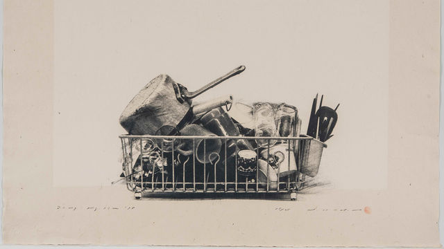 Photorealistic woodprint of a dish rack laden with dishes