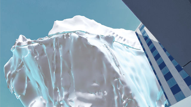 Animated rendering of an iceberg hovering between high-rise buildings