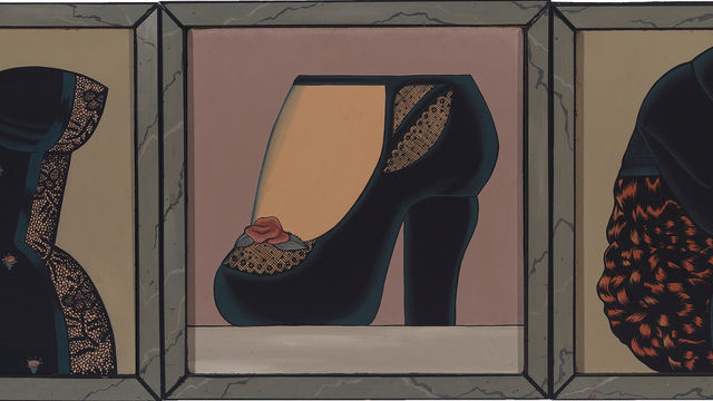 Triptych painting of a black corset, a black shoe, and the back of a woman's head wearing a black hat