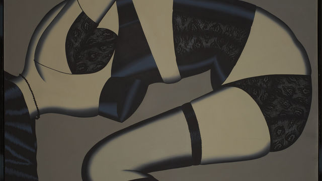 Painting of a woman's body, bent over and wearing black bra, corset, underwear, and stockings