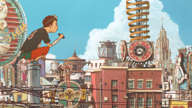 Animated still of a young man crouching atop an electricity pole in front of an urban backdrop