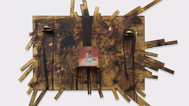 Dimensional sculpture with an Alice Coltrane record at its center