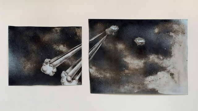 Black and white print of a car accident