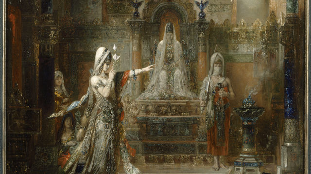 an oil painting of three women inside a church