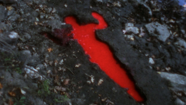 A silhouette dug into the dirt, filled with bright red liquid