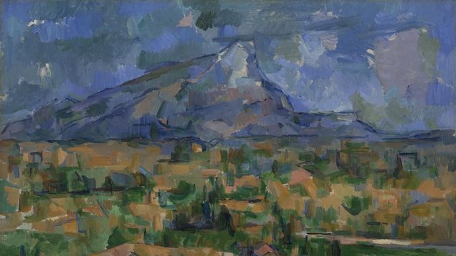 Impressionistic painting of a village at the foot of a large mountain