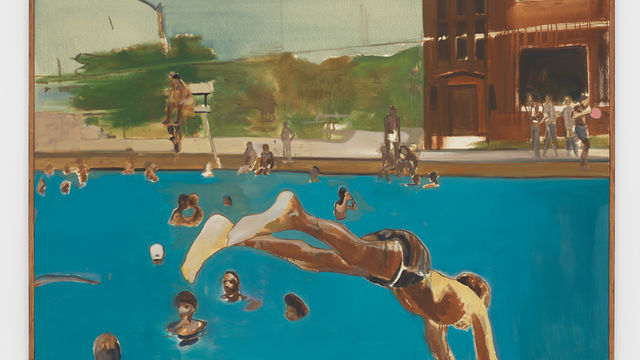 Painting of a pool, with a figure in the foreground diving in