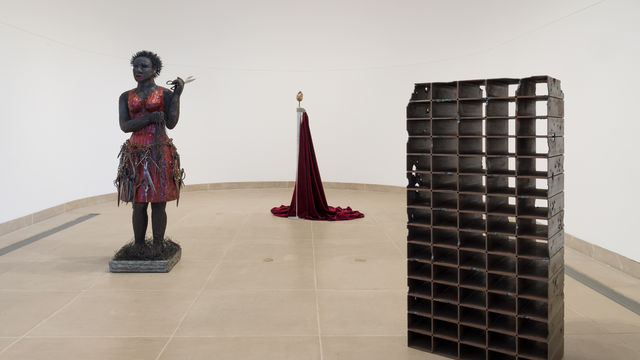 installation images showing three free-standing, multimedia sculptural works in vault gallery