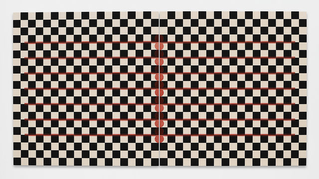 Black and white checkered image featuring red lines running through the pattern.