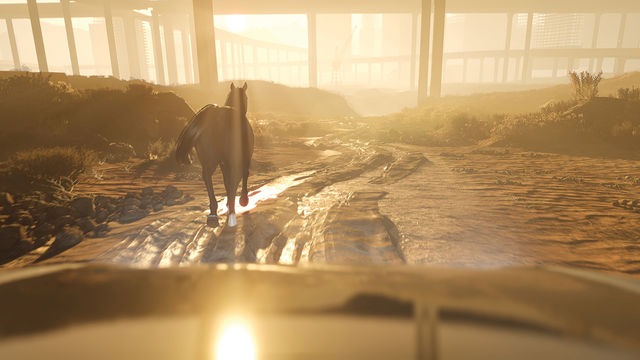 A horse running through an industrial landscape under bright sunlight