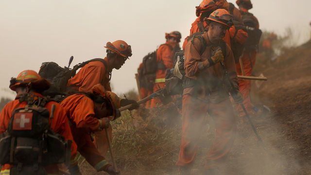A line of inmates dressed in orange firefighting gear, digging a trench