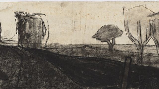 Black and white drawing of a landscape with sparse trees