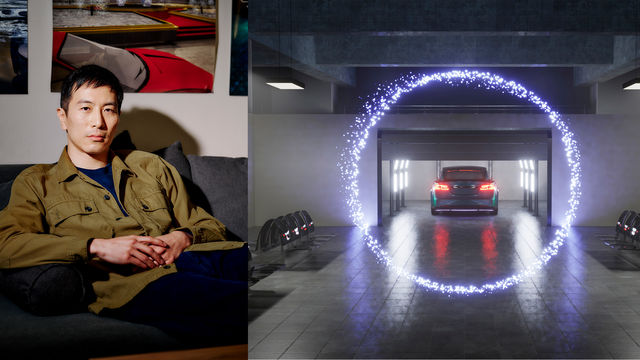 Headshot of Lawrence Lek alongside an animation still of a car