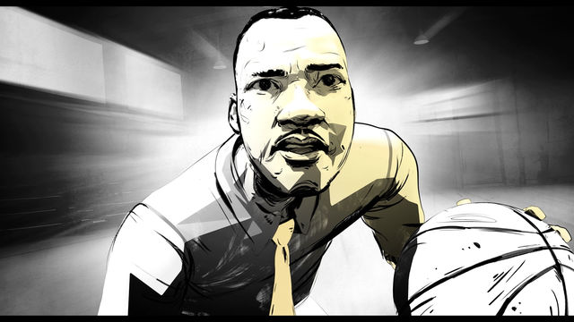 Hand illustrated image of Martin Luther King, Jr. playing basketball
