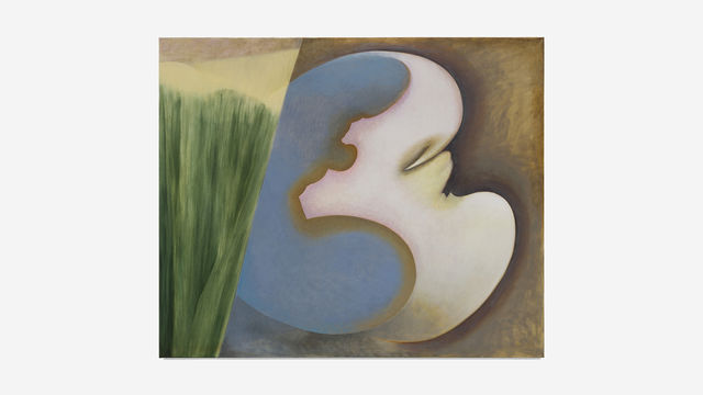 Abstract painting with soft-hued blue, white, green, and brown shapes