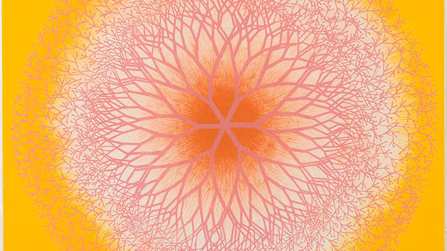 Bright, spirographic image in orange on a tellow background
