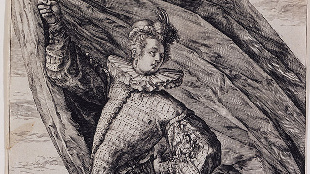 A figure in fancy garb holding a large flag aloft