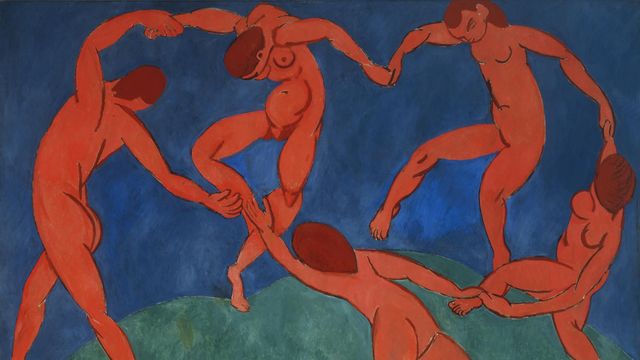 painting of 5 red figures dancing