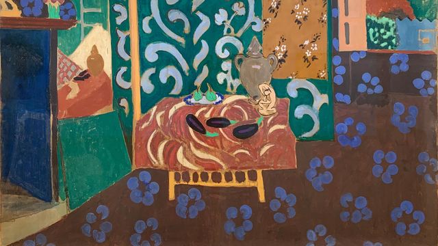 Expressionist still life with eggplants on a table in an ornate room