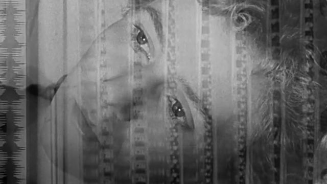 Close up of a woman's face, with film strips superimposed over it