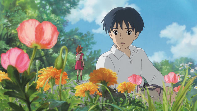 A cartoon boy looks at a tiny girl standing on a flower
