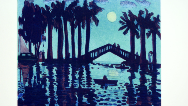 silhouette of palm trees and bridge against a dark blue sky, water, and moon