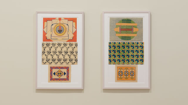 Two framed artworks on a wall with colorful geometric patterns