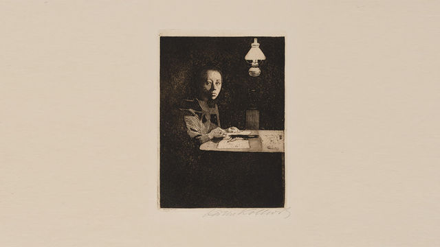 Simple self-portrait of a woman sitting at a desk under a lamp