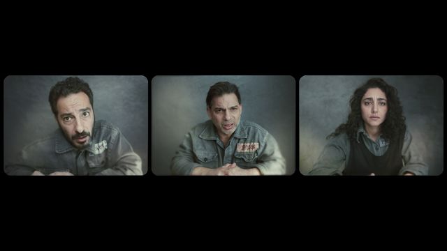 Three people in military garb, seen in three separate frames