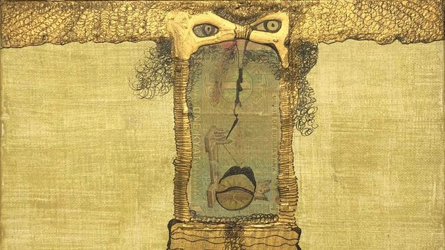 Portrait with exaggerated features, eyes ringed in gold