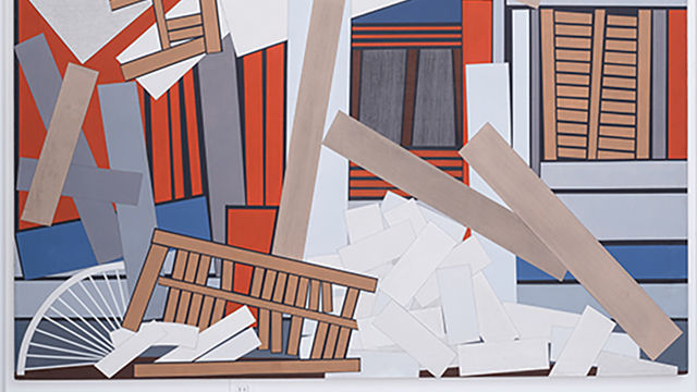 Geometric painting of a building facade with windows and shutters in disrepair