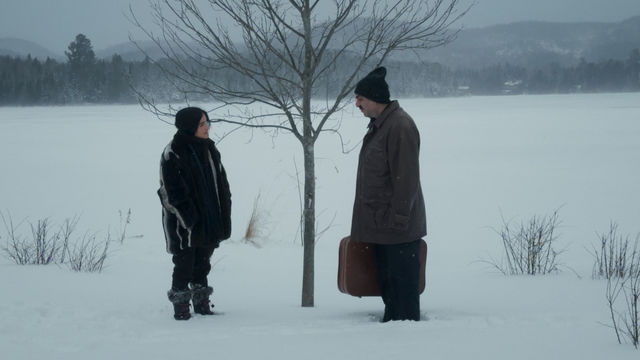 A woman and a man holding a suitcase, standing in a snowy landscape