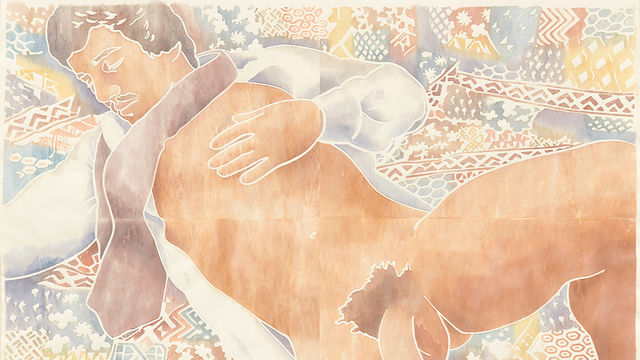 Soft depiction of a man with light skin, brown hair, and a mustache in repose, his white shirt open and his penis visible. Behind or beneath him, a patchwork of different designs