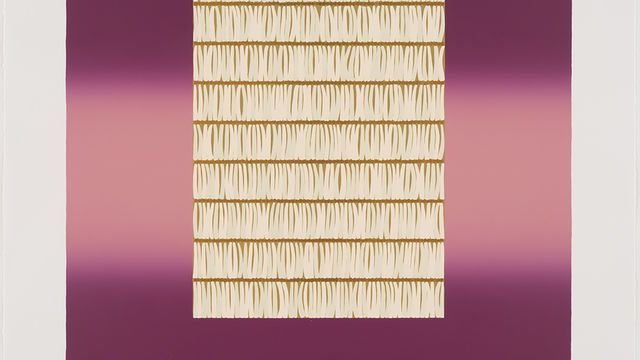 Square print in purple and pink-toned horizontal stripes, interrupted by a rectangle in drab green with white vertical marks 