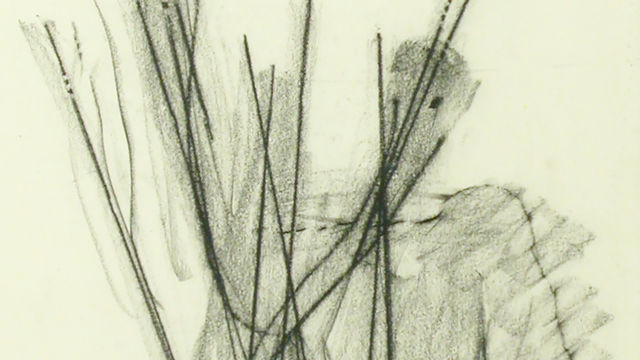 Chalk drawing of a shadowy figure behind a composition of vertical lines