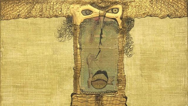 Painting featuring abstract face on a yellow background