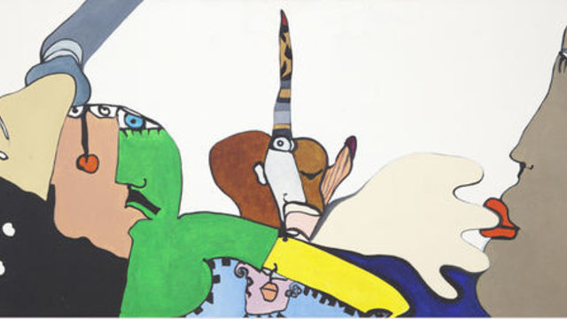 Painting featuring many colorful abstract faces on a white background