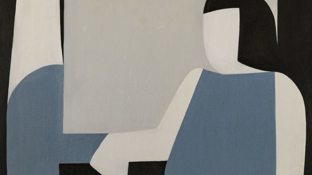 An abstract painting depicts a figure composed of flat, geometric shapes in black, white, light gray, and muted blue.