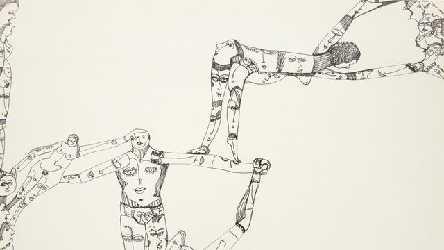 A black ink line drawing depicts interconnected human figures in acrobatic poses, their bodies of the figures are composed of many smaller faces.
