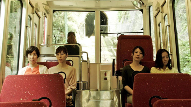 Four women sit in two pairs on the benches of a funicular
