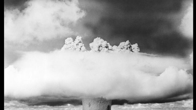 Black and white image of a mushroom cloud