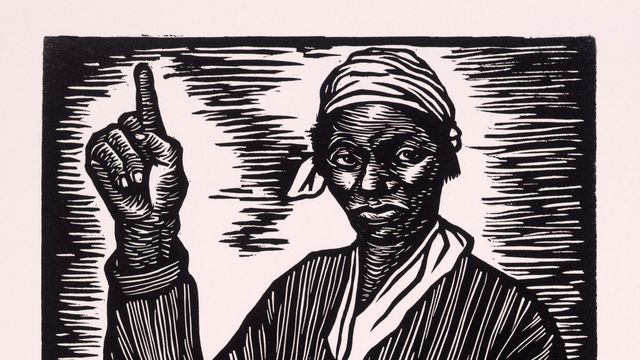 woodcut print showing a black woman standing in front of a book with her hand raised and index finger pointing to the sky