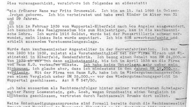 Affidavit signed by Fred Grunwald in connection with his compensation claims, November 14, 1955. Bezirksregierung Düsseldorf, Dezernat 15