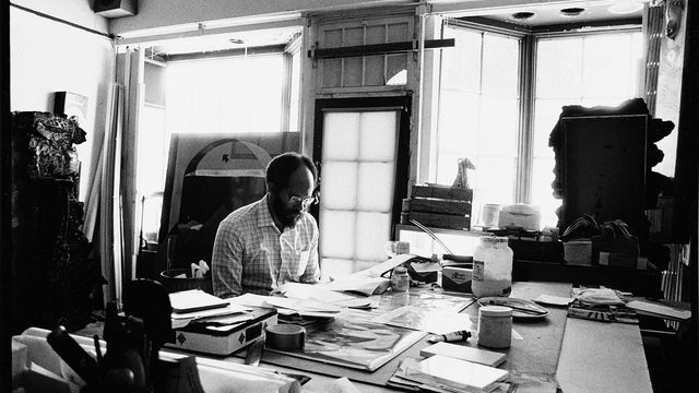 Dale Brockman Davis in the studio he shared with his brother, Alonzo Davis, next door to Brockman Gallery, 1970s