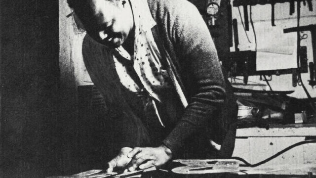 Photograph of George Clack from announcement for Samella Lewis and George Clack exhibition at Brockman Gallery, Los Angeles, 1969