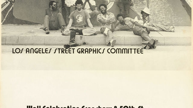 Poster for Los Angeles Street Graphics Committee mural sponsored by Brockman Gallery Productions. Muralists (left to right): Alonzo Davis, Roland Welton (standing), Kinshasha Conwill (standing), Mark Greenfield, George Combs, Ulysses Jenkins, Joe Sims, Houston Conwill (standing), and Lester Gones