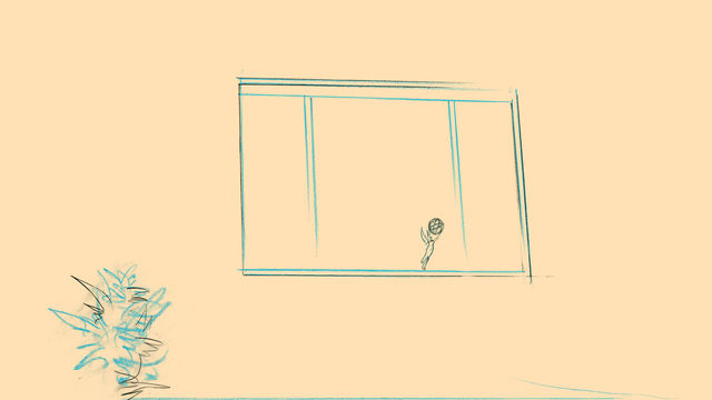 A print with a line drawing of a window with an Emmy award sitting on the window sill. A plant sits below the window, on a single horizontal line extending across the entire plane, suggesting a floor. The image is printed on a yellow-beige background