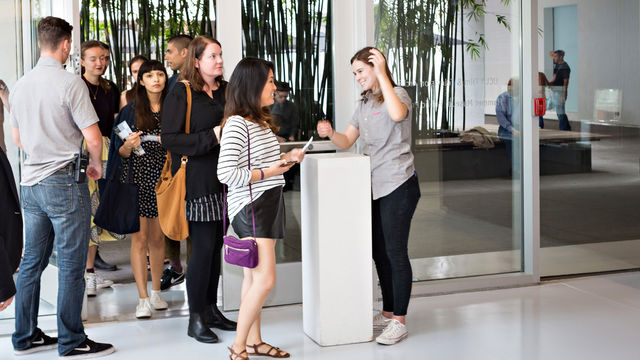 Visitors enter the theater at the Hammer Museum